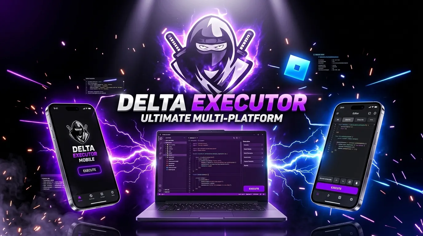Delta Executor feature overview showing the script hub, editor, and console panels on a desktop screen