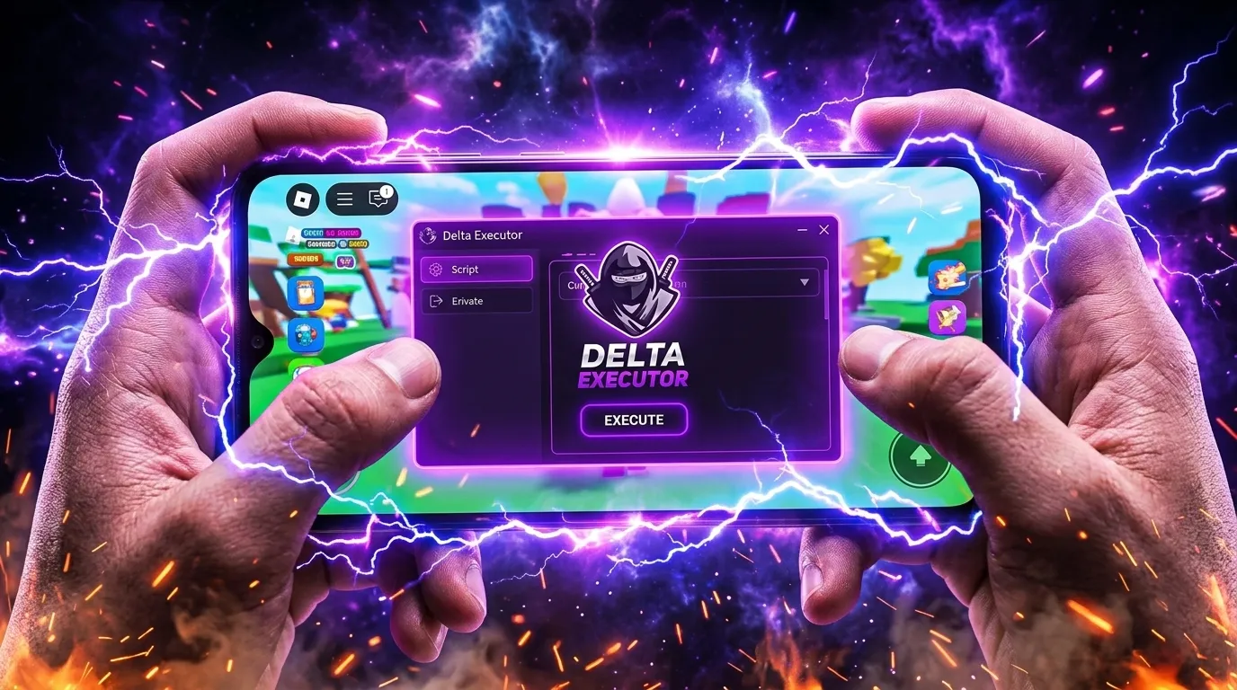Delta Executor running on Android with the script editor open and a Roblox game visible in the background