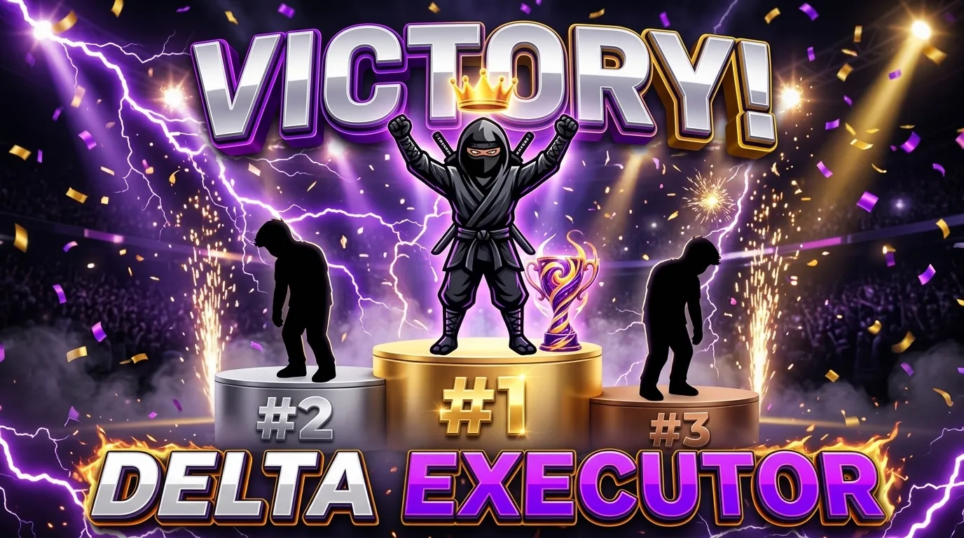 Delta Executor running on Android, iOS, and PC devices showing cross-platform Roblox script execution
