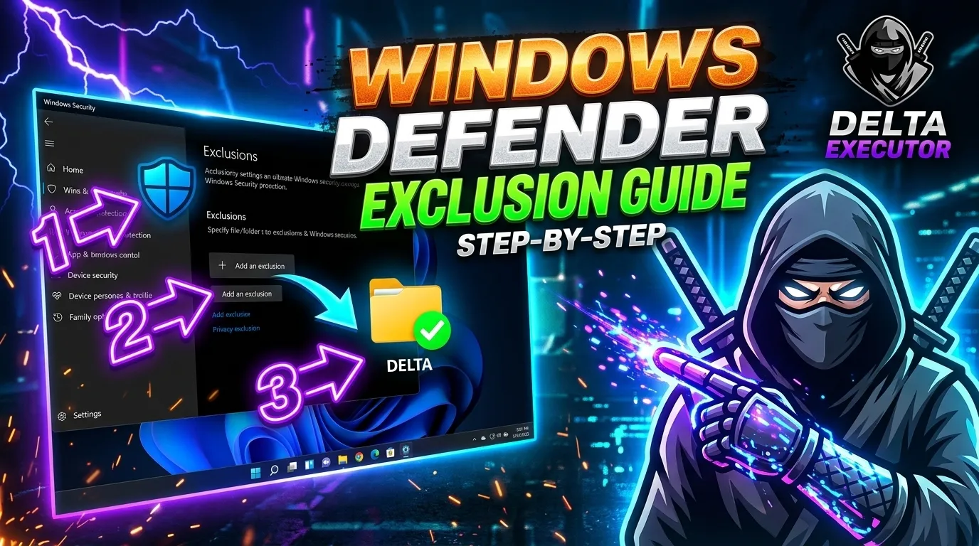Windows Defender exclusion settings panel showing how to add Delta Executor folder to the allowed list